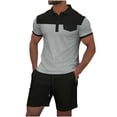 thumbnail image 1 of Pantalones Cortos para Hombre Conjunto de Trajes de 2 Piezas, Moda Mock Bolsillo Botón de Color Sólido Solapa Tops Cortos de Cintura Elástica, 1 of 7