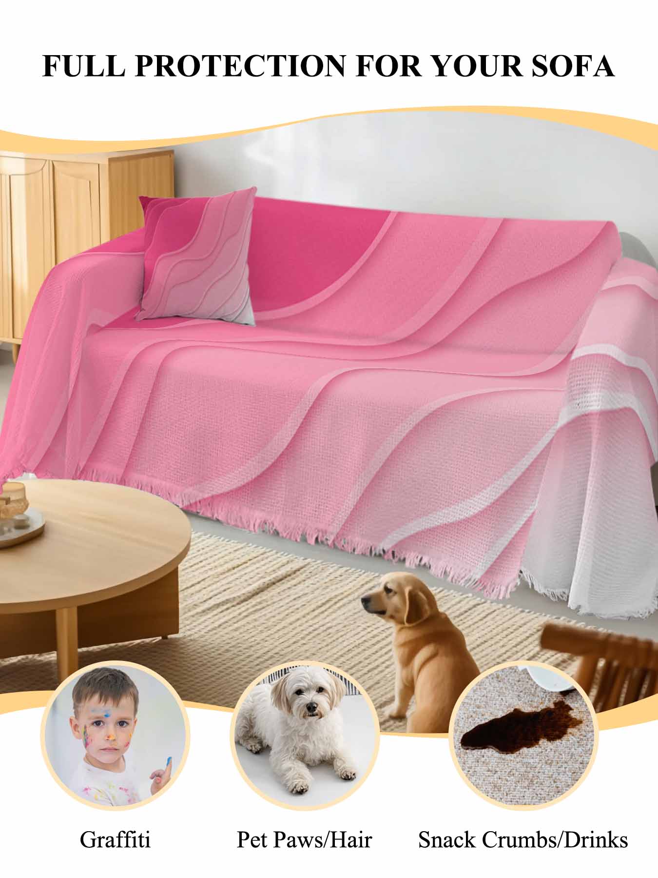 Valentines Pink Ombre Couch Cover, Modern Geometric Abstract Aesthetic Cream Oversized Sofa Cover Blanket for 3 Cushion Couch, Sectional Sofa Slipcover Protector for Living Room Bedroom 71''x150''