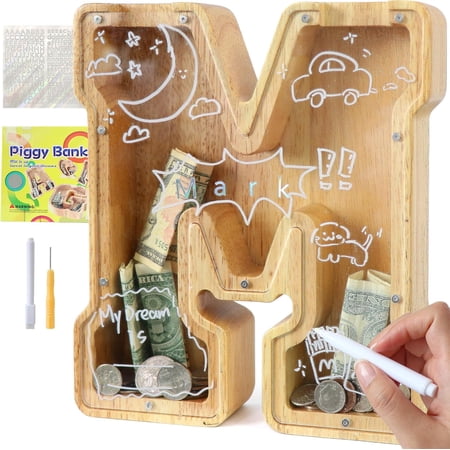 Large Letter Piggy Bank for Kids Boys Girls Wooden Personalized Piggy Banks A-Z with Target Area Clear Alphabet Banknote Coin Banks for Gift Decoration Baptism (M)