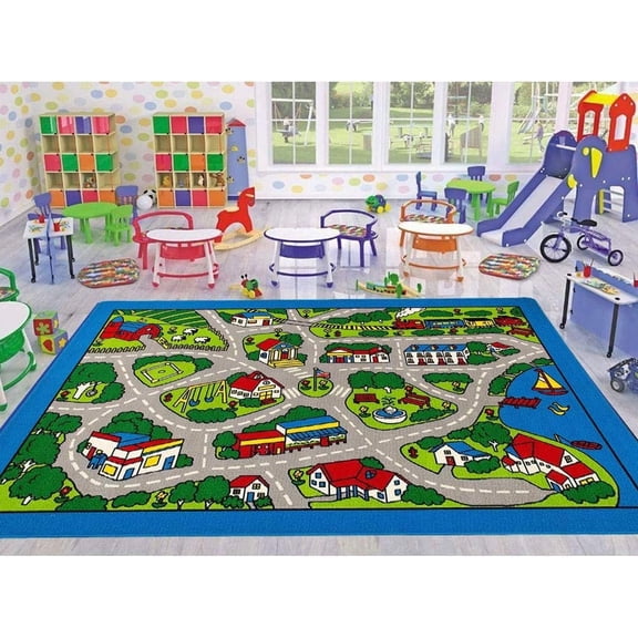 Kids/Baby Room/Daycare/Classroom/Playroom Area Rug Racing and Toys City Roads Map Train Tracks Cars Play Mat Learning Carpet (5 X 7)