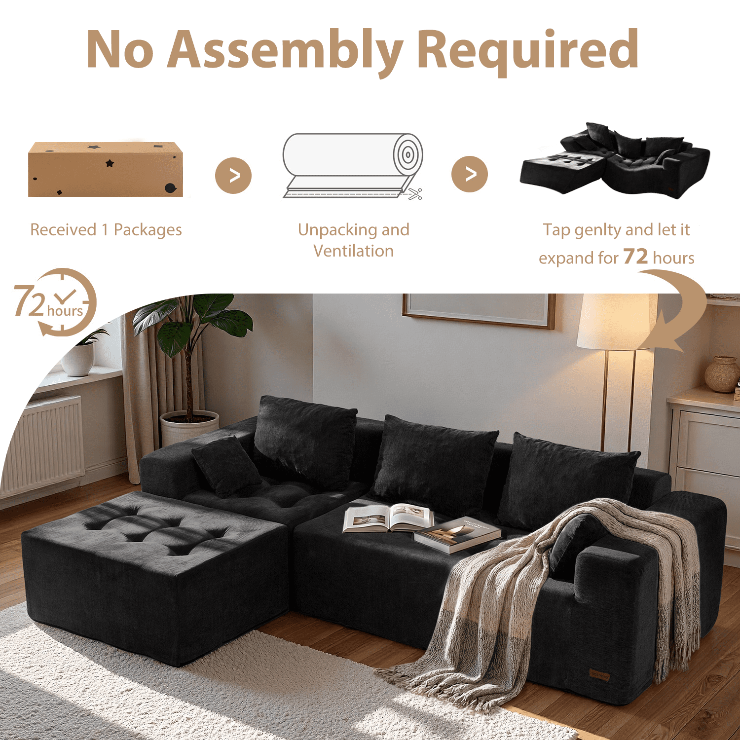 BYBYME Cloud Sectional Couch with L-Shape Chaise Modern Comfy Modular Chenille Sofa for Living Room,Tufted 4-Seat Sleeper Chair with 1 Ottoman,Sofa in A Box,No Assembly Required,Black