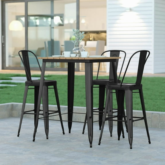 Emma   Oliver Indoor/Outdoor Bar Top Table, 31.5" Square All Weather Brown Poly Resin Top with Black Steel base