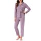 thumbnail image 2 of Conjunto de lounge para mujeres INSPIRE CHIC de algodón, con botones, manga larga, pantalones, patrón acanalado y bolsillo, pijama, ropa de estar en casa, 2XL, púrpura, 2 of 6