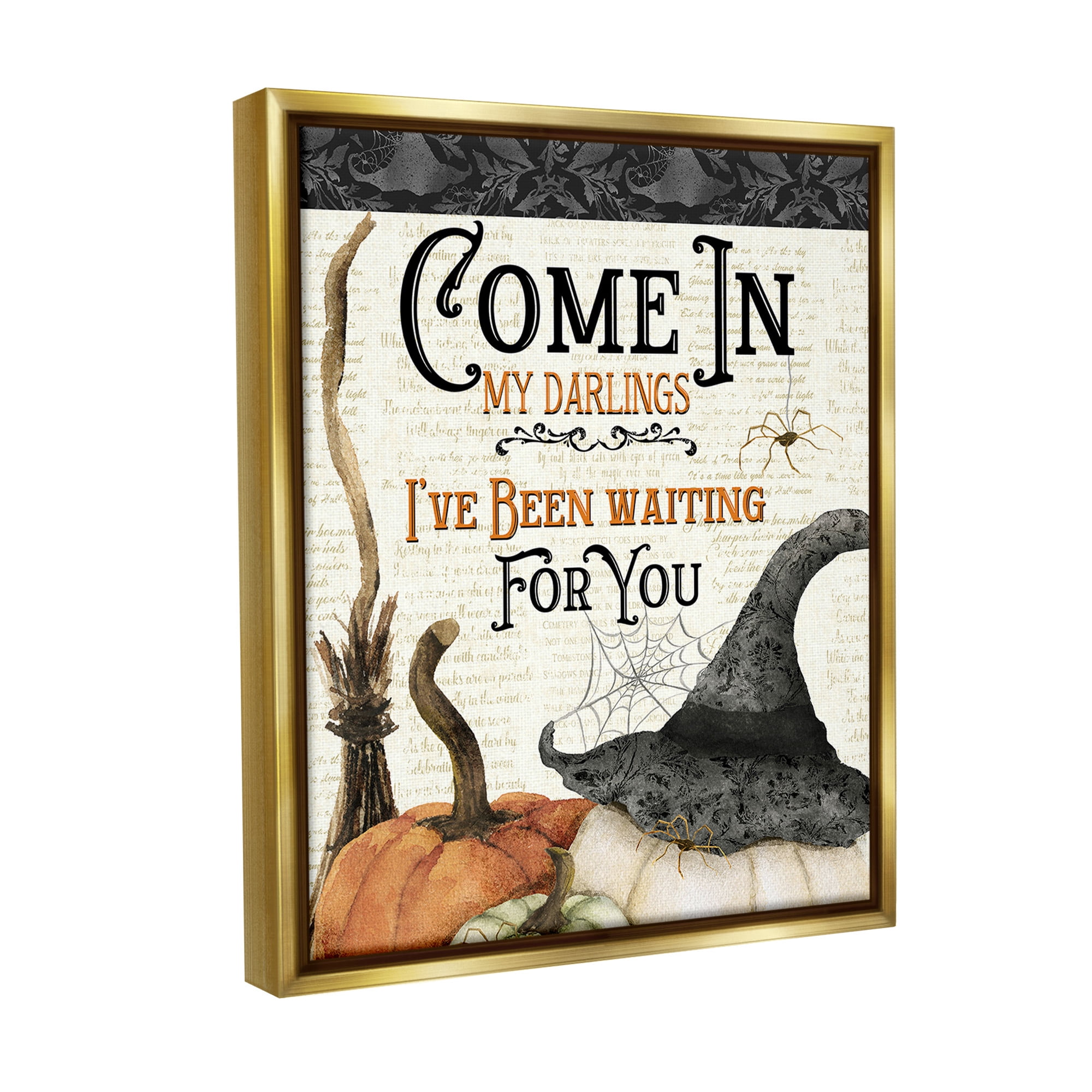 Stupell Industries Spooky Witch Phrase Holiday Painting Gold Floater Framed Canvas Art Print Wall Art, 25 x 31