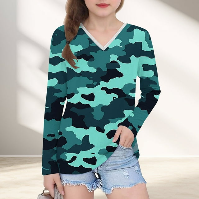 YUNAFFT Chandail à Col en V pour Filles Imprimé Camouflage Manches Longues Style Décontracté