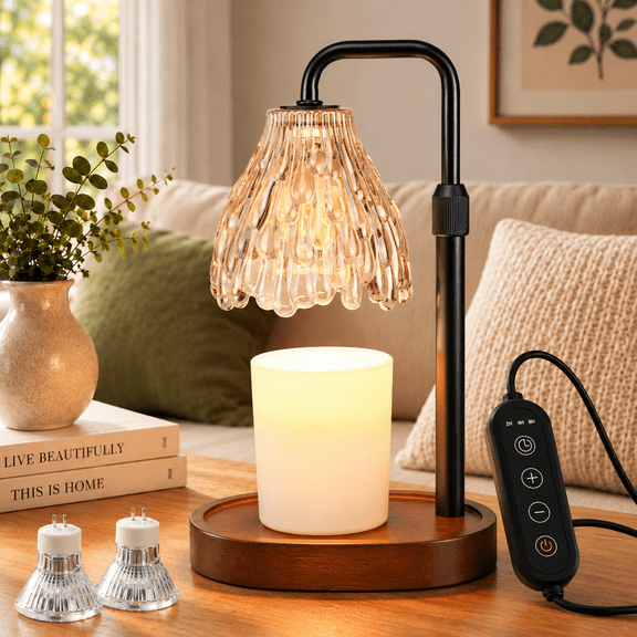 Mitzzllc Candle Warmer Lamp,Adjustable Height,Timer,Dimmer,Glass Shade,2 Bulbs Included