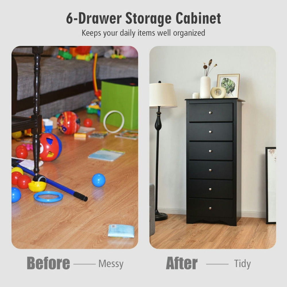 Finihen Storage Cabinet, Bathroom Floor Cabinet, 6 Drawers Chest Dresser Clothes Storage Bedroom Furniture Cabinet, for Bathroom, Living Room, Bedroom, Black