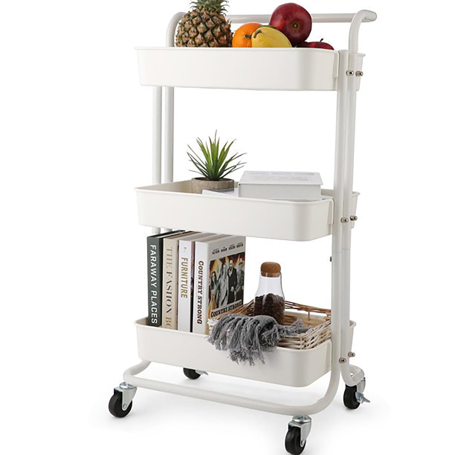 Black White Multifunctional Storage Shelves with 2 Small Baskets and 4 Hooks for Kitchen Living Room N\ 3-Tier Rolling Utility Cart with Handle and Lockable Wheels