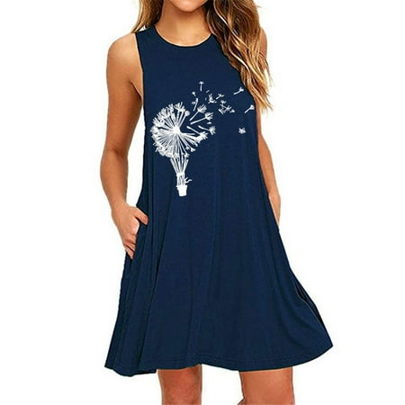 

Fashion Womens Pocket Dandelions Printing Sleeveless Casual Nightdress Dresses