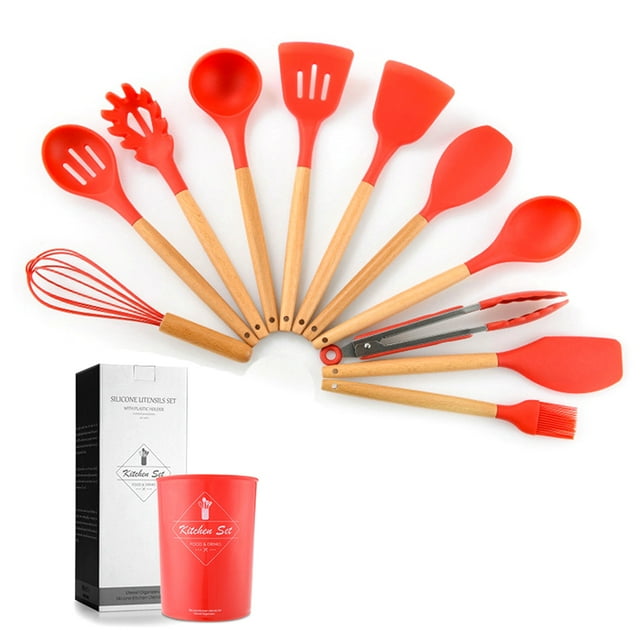 Utensilios de cocina de silicona con mango de madera Juego de 11 piezas Nueve colores Opcional Rojo