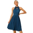 thumbnail image 1 of Vestido plisado para mujer con cuello halter sin mangas de gasa vestidos de trabajo Azul marino L, 1 of 5