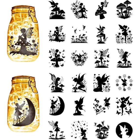 24Pcs 24 Styles Fairy Silhouette Stickers Mason Jar Decals Moon Mushroom Angel Self Decal for Scrapbook Lantern Jars Wall Windows Phone Craft 3.9 x 3.5 Inch colorful DIY