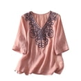 thumbnail image 3 of TaTaai Women's 3/4 Sleeve V-Neck Embroidered Casual Tops Loose Fit Linen Style Blouses Lightweight Soft Comfy for Daily Home Office Wear Gift, 3 of 6