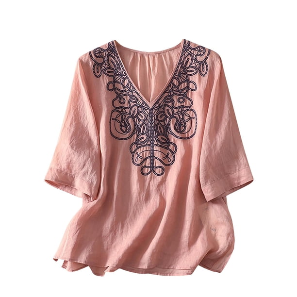 3/4 Manga Casual Tops para las Mujeres en V-Cuello Bordado Blusa Suelta Verano Suave, Mujeres 3/4 Manga Tops