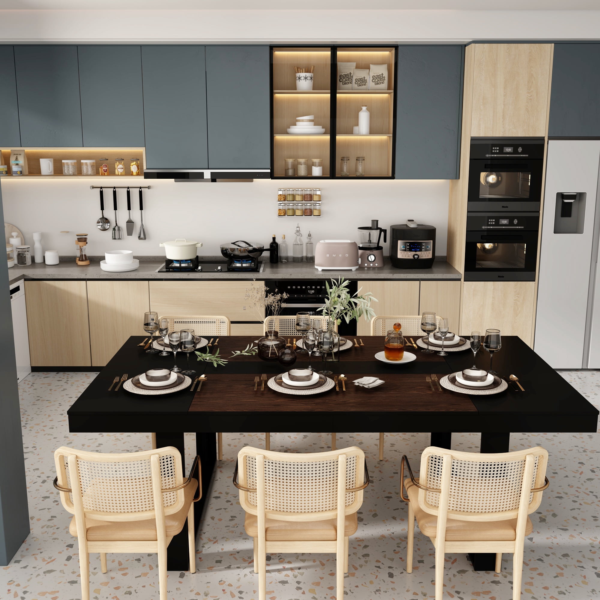 KULAGAGA Kitchen Dining Table for 6-8 People, Rectangular Meeting Table, 86.8"W x 47.2"D, Black & Walnut