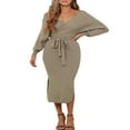 thumbnail image 2 of Robes Élégantes pour Femmes à Col en V Portefeuille en Tricot, Manches Chauve-Souris, Dos Nu, Fente, Robe Maxi avec Ceinture, 2 of 5