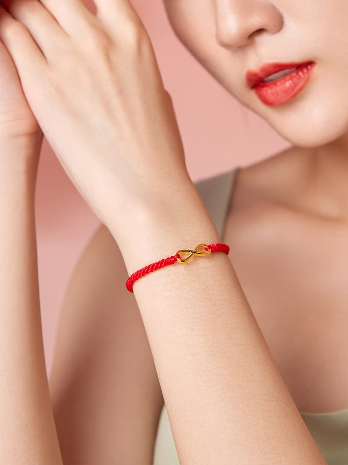 ZHOU LIU FU 24K Real Gold Love Infinite Charm Bracelets, Adjustable Red Braided Rope Jewelry Gift for Women Men Couple Lover