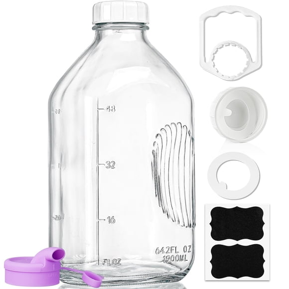 Botella de vidrio para leche Ritayedet de 1,9 L con tapa de rosca hermética y asa