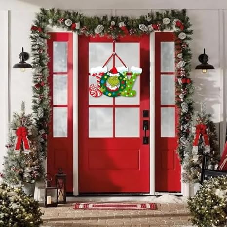 Decoración Navideña Grinch - Pancarta 180x90 Cm Y Letrero De Madera Colgante, Para Puerta O Pared, Incluye Velcro, Reutilizable