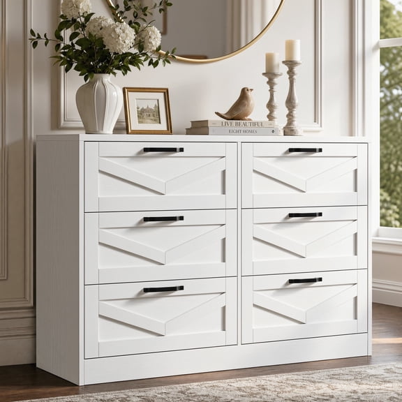 RichYa White Dresser for Bedroom, 6 Drawer Dresser with Metal Handles, Modern Storage Chest for Living Room,Adult