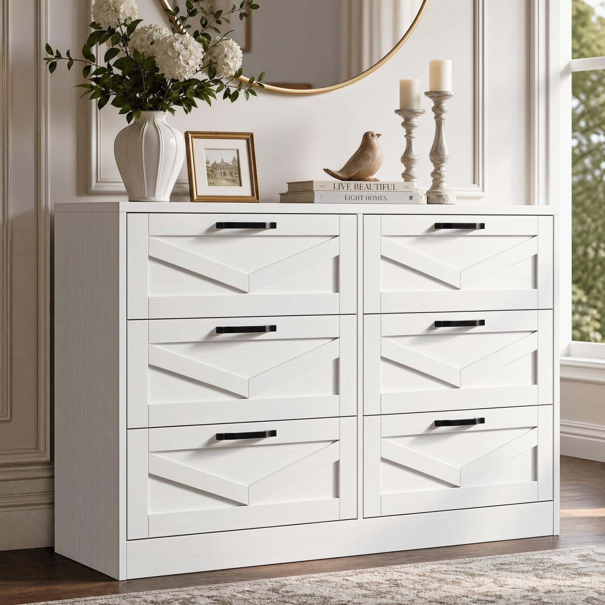 RichYa White Dresser for Bedroom, 6 Drawer Dresser with Metal Handles, Modern Storage Chest for Living Room,Adult
