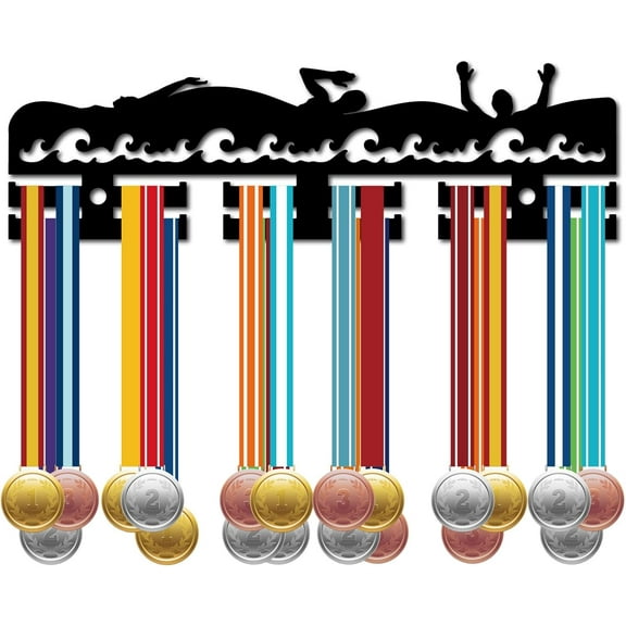 Swimming Medal Holder Acrylic Medal Wall Hooks Medal Hanger Wall Mount Rack Badge Ribbon Exhibition Holder for Swimmer Athlete Gifts Sports Competition Champion Award Display 11.4x4.7in