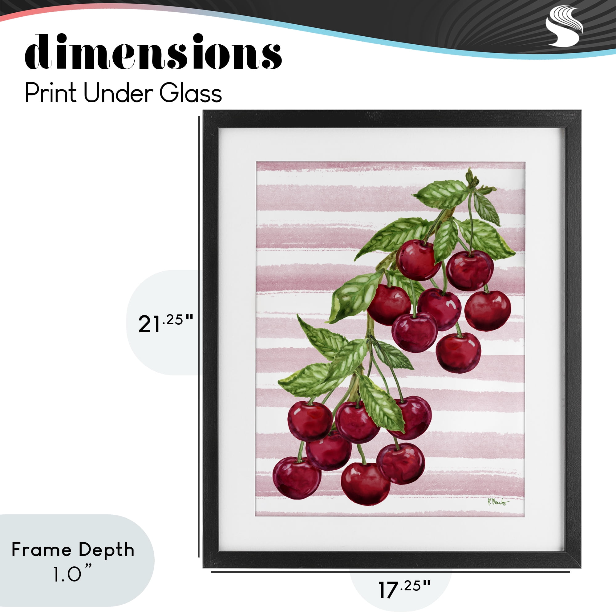Stupell Industries Juicy Cherry Vine on Stripes Black Framed Print Under Glass, design by Paul Brent