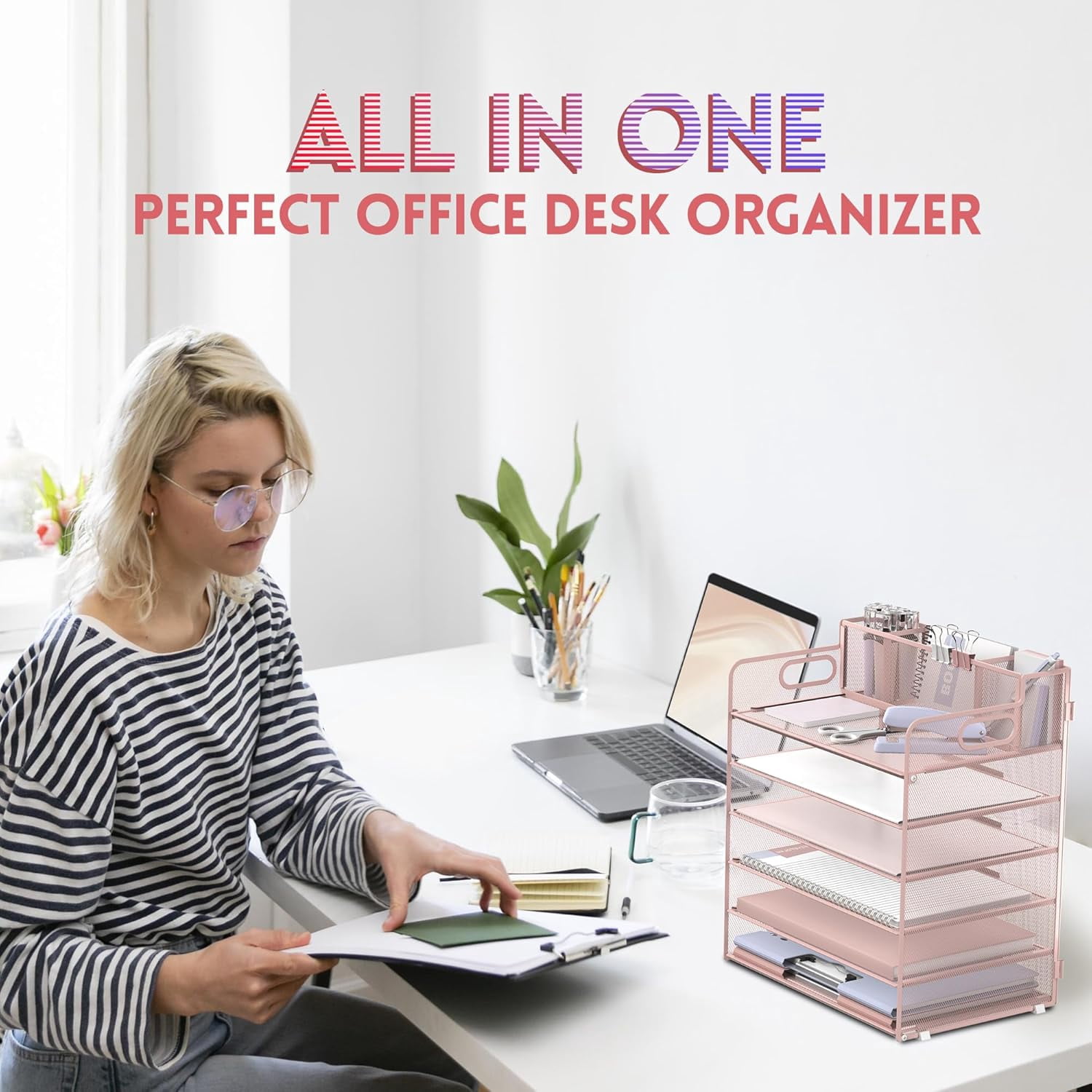 INTIGE 6-Tier Desk Organizer, Metal Desktop Paper Tray with 3 Pen Holders, Desktop Organizer for Home Office