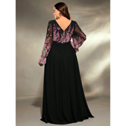 AURA Womens Plus Size V Neck Evening Dress Long Sleeve A Line Maxi Party Birthday Formal Gown