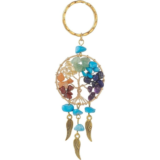 2 llaveros redondos planos color turquesa con anillas de hierro, colgantes de alas de aleación y colgantes para bolsos con piedras preciosas. Elegantes accesorios para llaveros.
