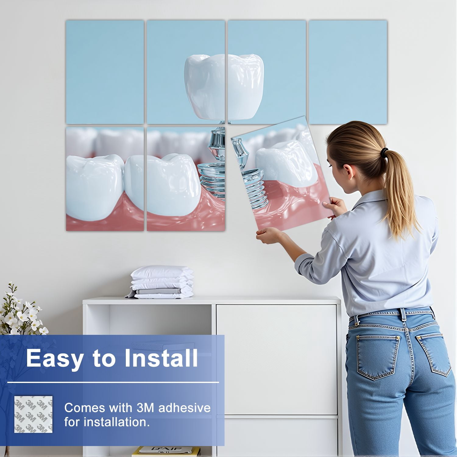 Dental 8 Pack Art Acoustic Panels Sound Absorbing 3D Model Human Gums Dental Implant Blue Decorative Soundproof Wall Panels Self Adhesive for Physician Hospital Office 48"x32"