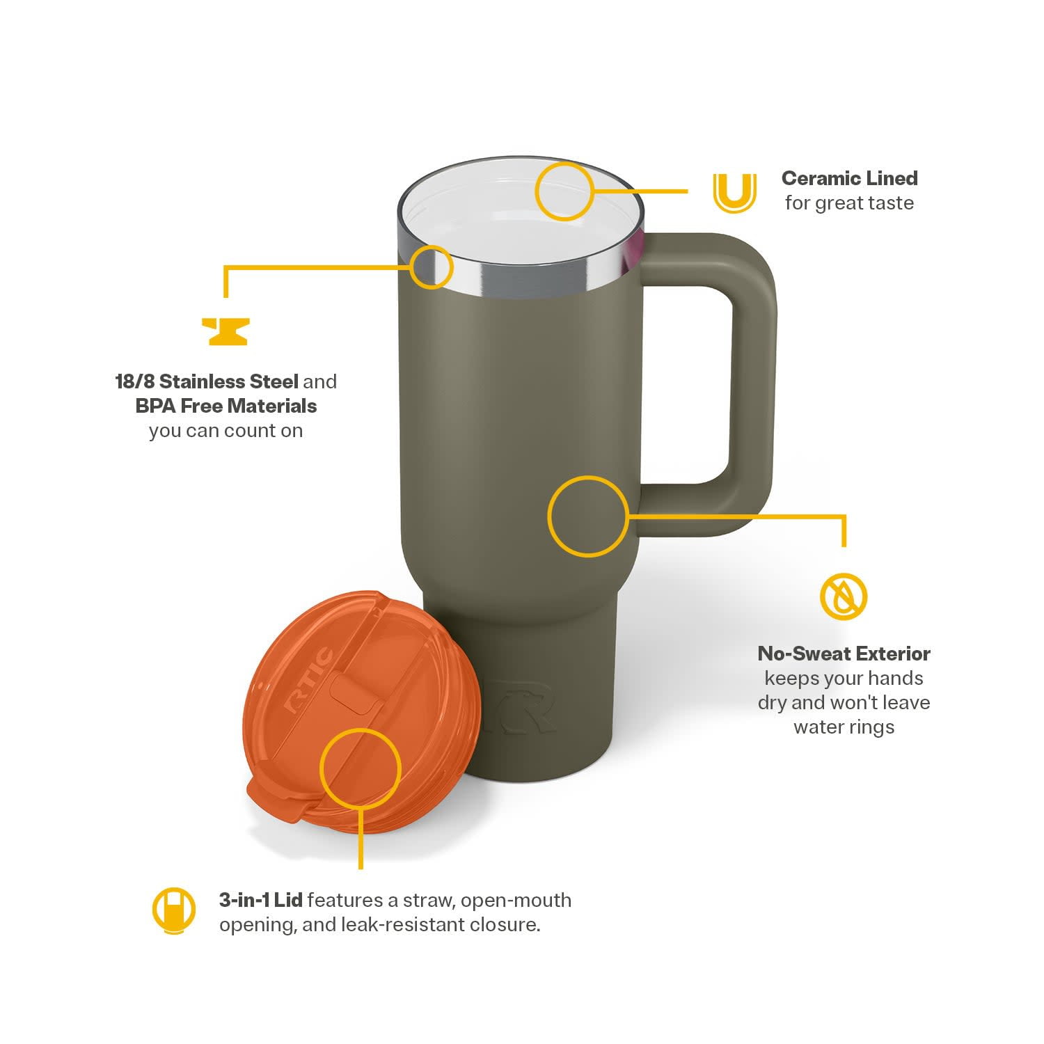 RTIC 30 oz Ceramic Lined Road Trip Tumbler with Handle and Leak-Resistant Straw Lid, Trailblazer
