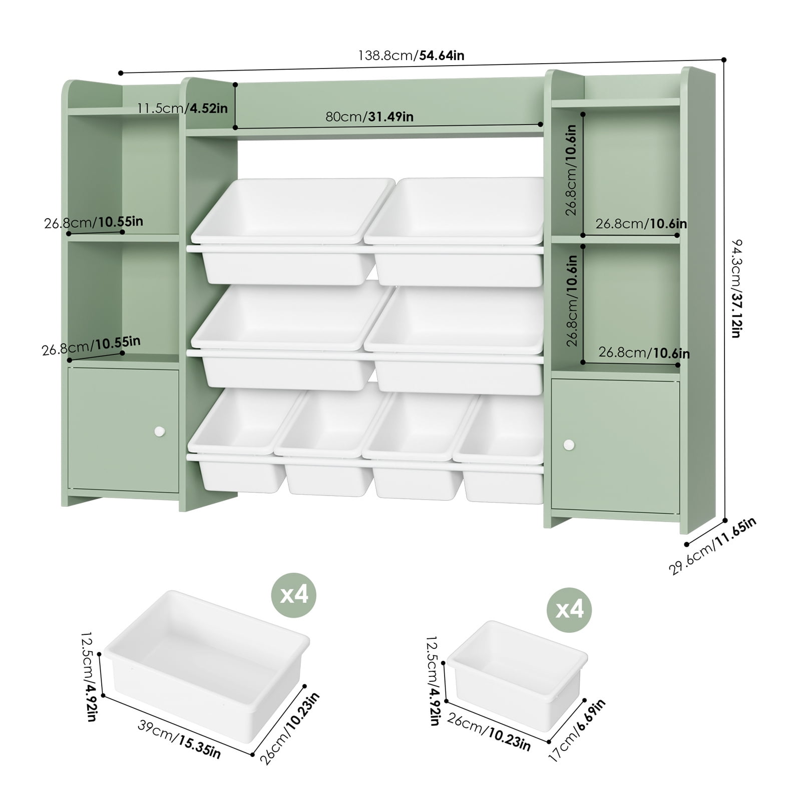 Homfa Kids Toy Organization Cube Bookcase with 8 Bin, 2 Door Toy Storage Organizer Bookshelf for Children Room Playroom, Green