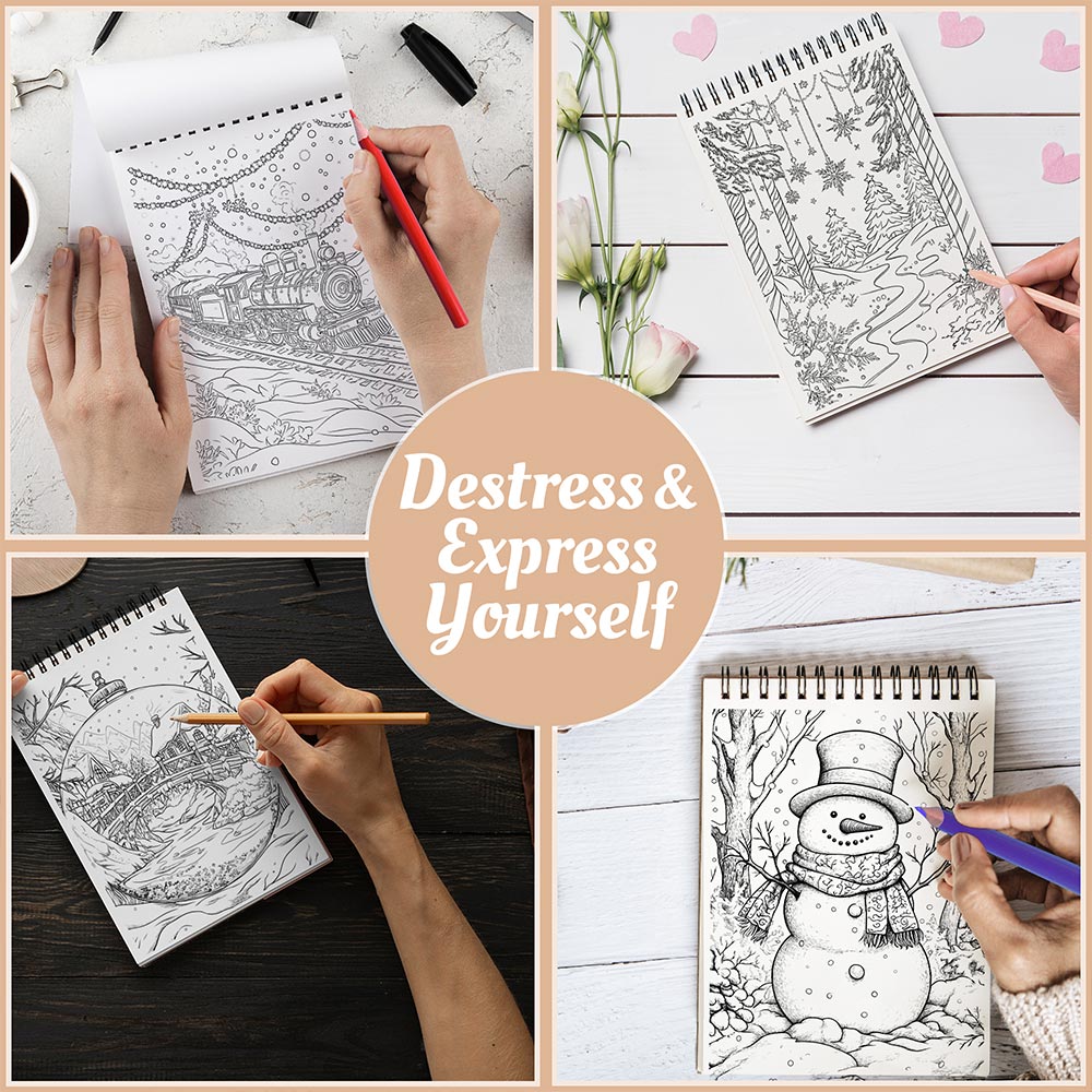 Netecom Enchanted Christmas Coloring Book Spiral Bound for Adults, A5 Wooden Cover, 30 Beautiful Coloring Pages of Mesmerized Christmas Scenes for Stress Relief and Relaxation