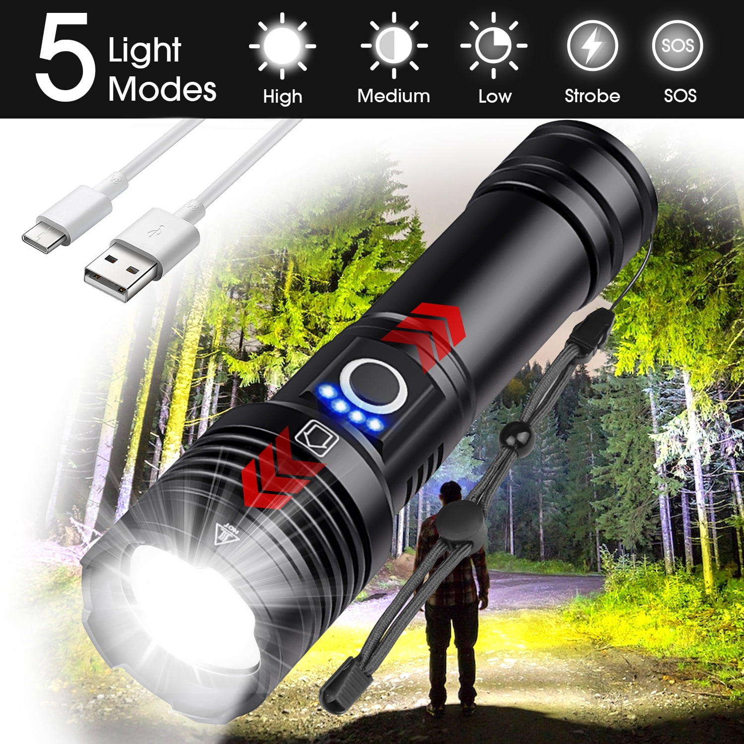 90000 Flashlight , Waterproof Searchlight, USB Zoom Torch Super Bright Tactical LED Flashlight for Camping, Hiking Hunting - Walmart.com