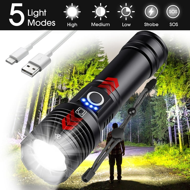 90000 Lumens Powerful Flashlight , Rechargeable Searchlight, USB Zoom Torch Bright Tactical Flashlight for Emergencies, Hiking Hunting - Walmart.com