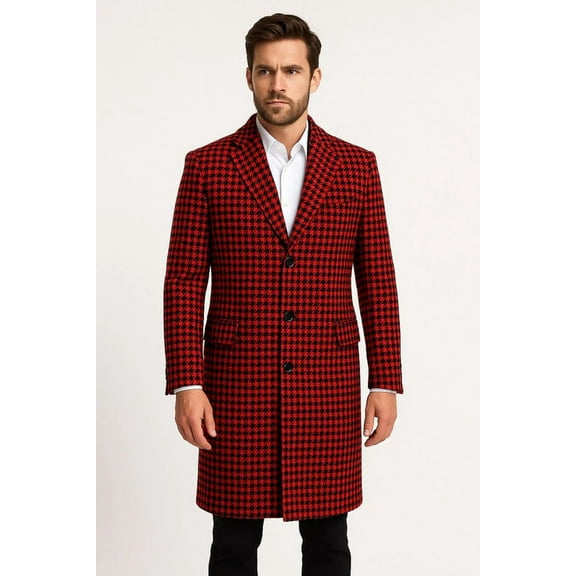 Men’s Red and Black Houndstooth Overcoat – Classic Wool Long Coat - Christmas Tartan Coat