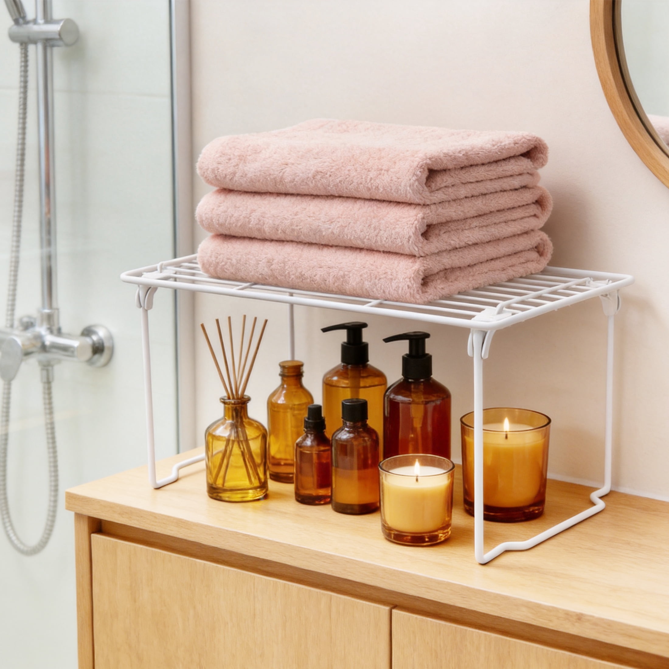 CISILOV Foldable Metal Wire Cabinet Organizer Shelf, Stackable Counter Storage Rack, No‑Assembly Rust‑Proof Storage Shelves for Kitchen Cupboard, Pantry, Bathroom, Desk