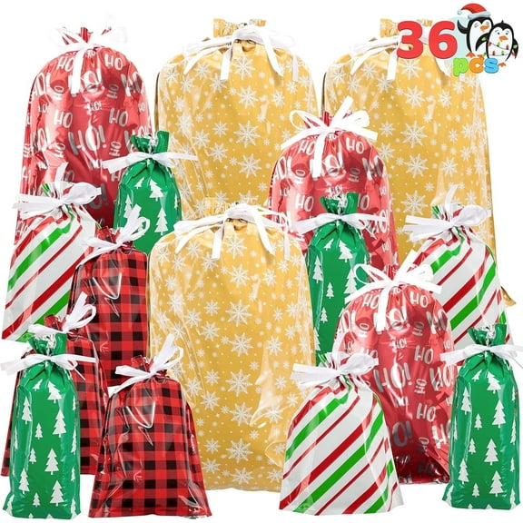 Joyfy 36 Pcs Christmas Drawstring Gift Bags Assorted Sizes Reusable Plastic Bag for Christmas Party Holiday, Party Favor, Presents Wrapping Gift Bags