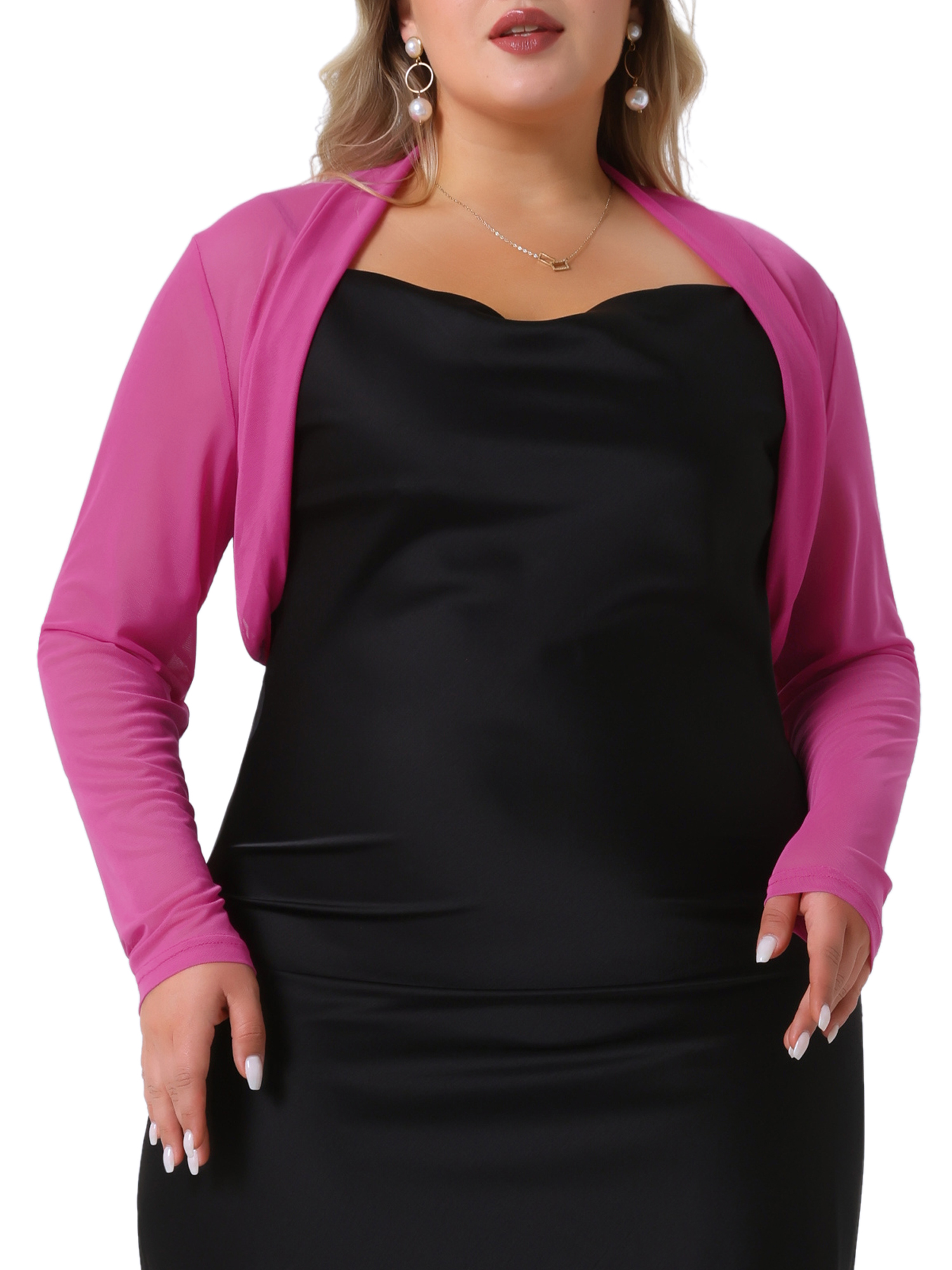 DARING DIVA Women's Plus Size Mesh Crop Long Sleeve Sheer Bolero Shrug Top 1X Hot Pink
