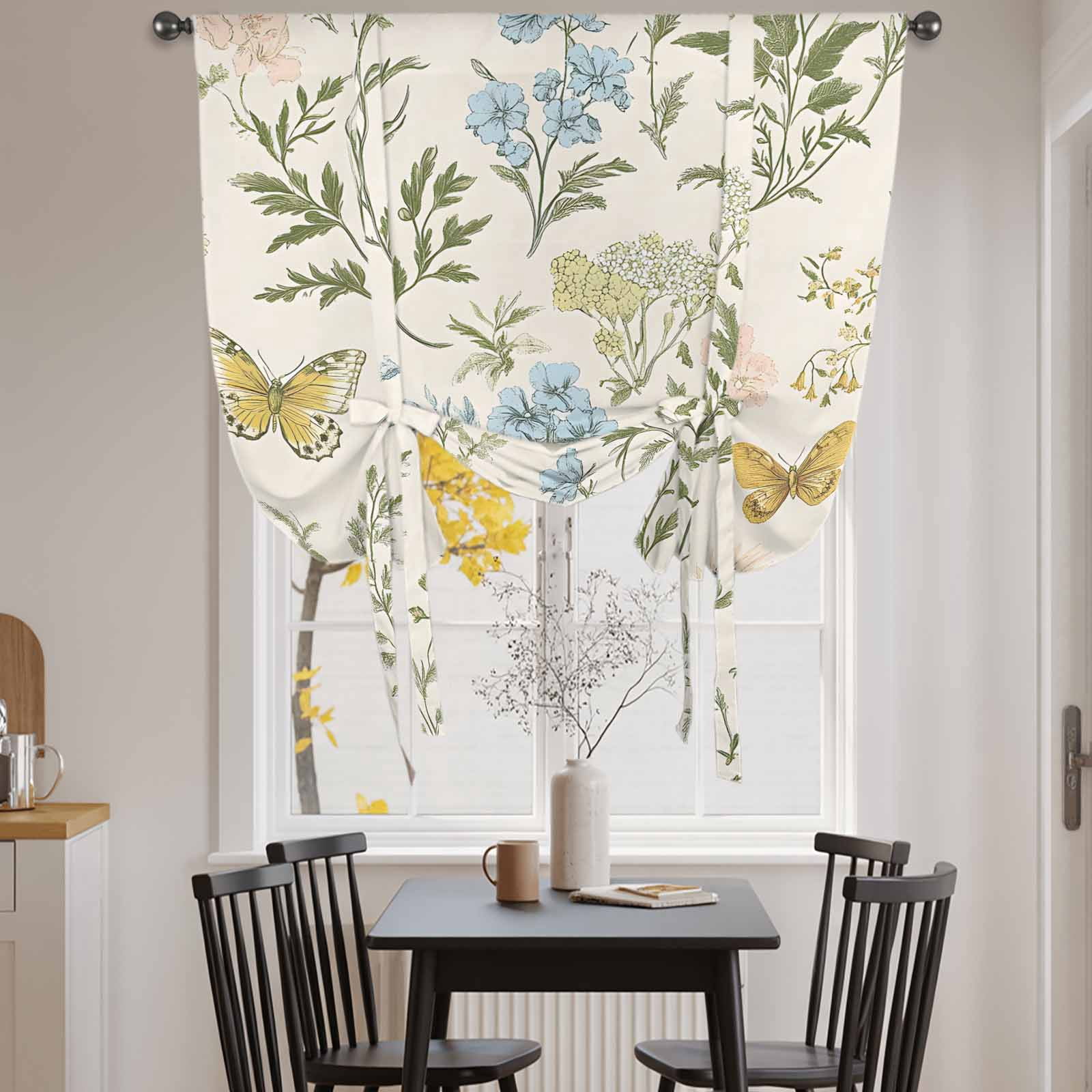 Colored Wildflowers Tie Up Curtain 45 Inches Long, Butterfly Leaf Linen Texture Balloon Style Kitchen Window Curtain Over Sink, Small Window Rod Pocket Curtain 34"x45"