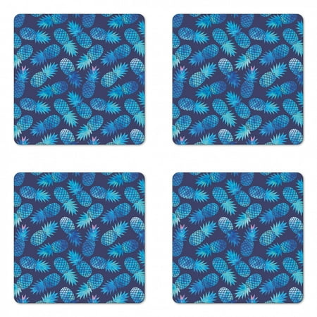 

Modern Coaster Set of 4 Pineapple Pattern Exotic Fruit in Digital Watercolor Illustration Square Hardboard Gloss Coasters Standard Size Night Blue Turquoise by Ambesonne