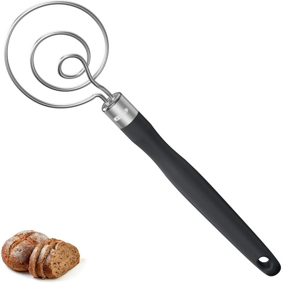 U-Taste 12.6" Danish Dough Whisk: 18/8 Stainless Steel Heavy-Duty Sourdough Mixer Tool, Food Grade Dutch Style Seamless Bread Wisk, Sturdy for Mixing, Stirring, Pressing, Knead Thick Batter (Black)