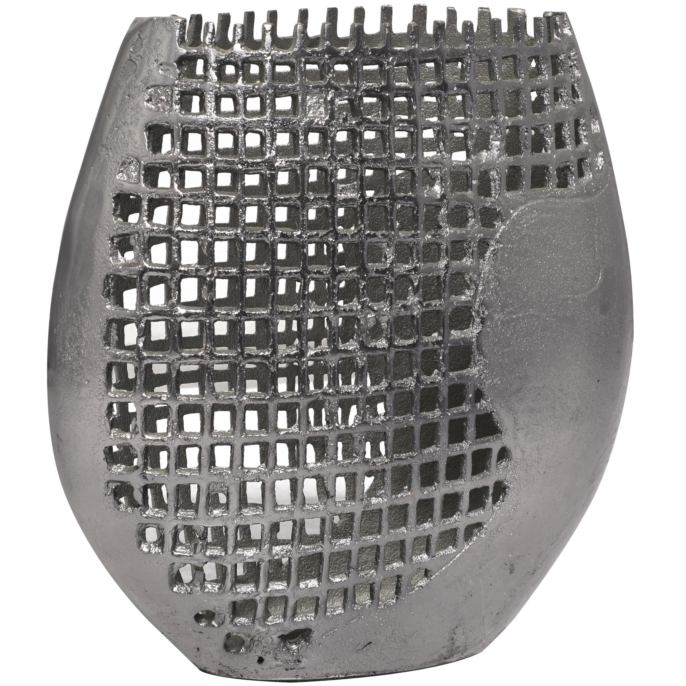 DecMode 12" Abstract Grid Inspired Dark Gray Aluminum Metal Vase with Open Frame Design