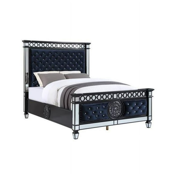 ACME Varian II Queen Bed in Dark Navy Velvet and Black and Silver