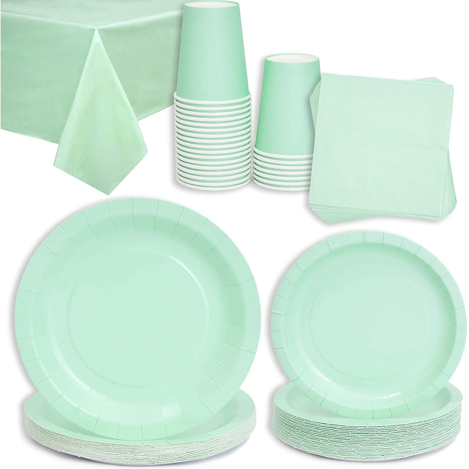 97 Piece Party Plates Set with Napkins, Table Cover, Mint Green, Serves 24