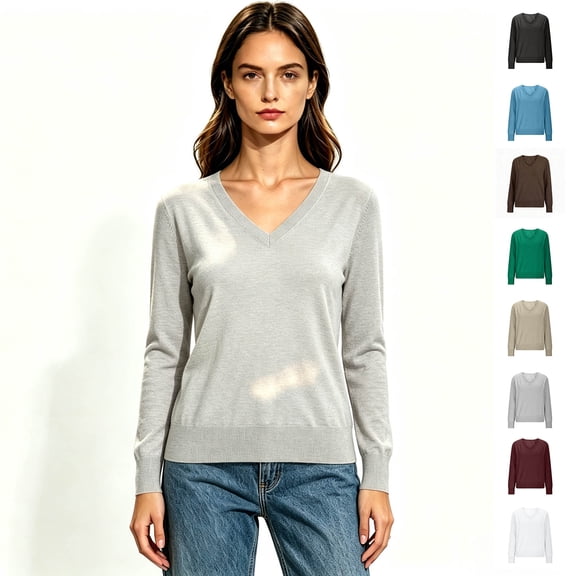 Women’s Classic V Neck Long Sleeve Soft Knit Pullover Sweater, Women's , Size S-2XL