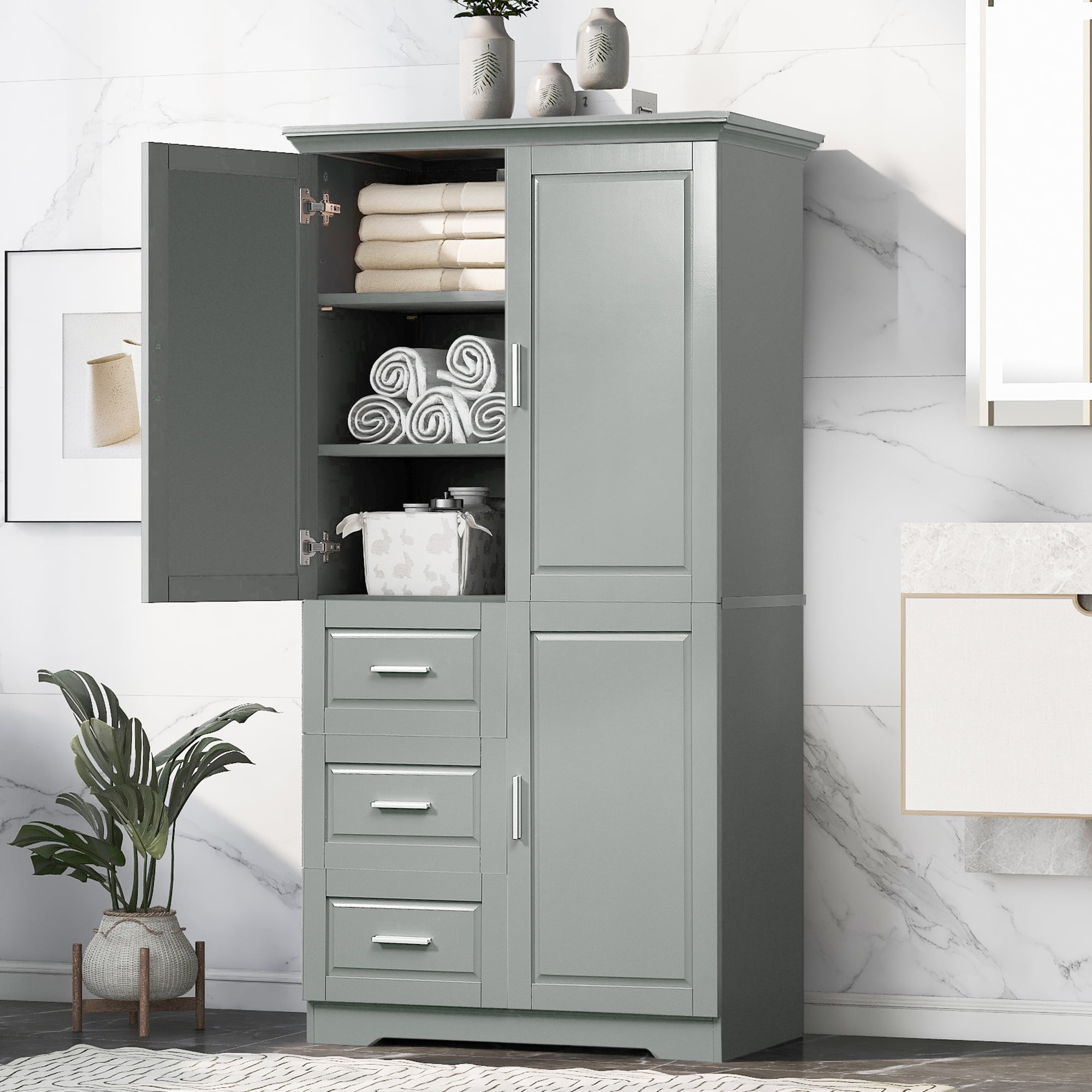 Euroco Tall Freestanding Storage Cabinet with 3 Drawers and Adjustable Shelf, Wide Linen Tower Cabinet with Doors, Waterproof Painted MDF, Anti-Tipping Kit