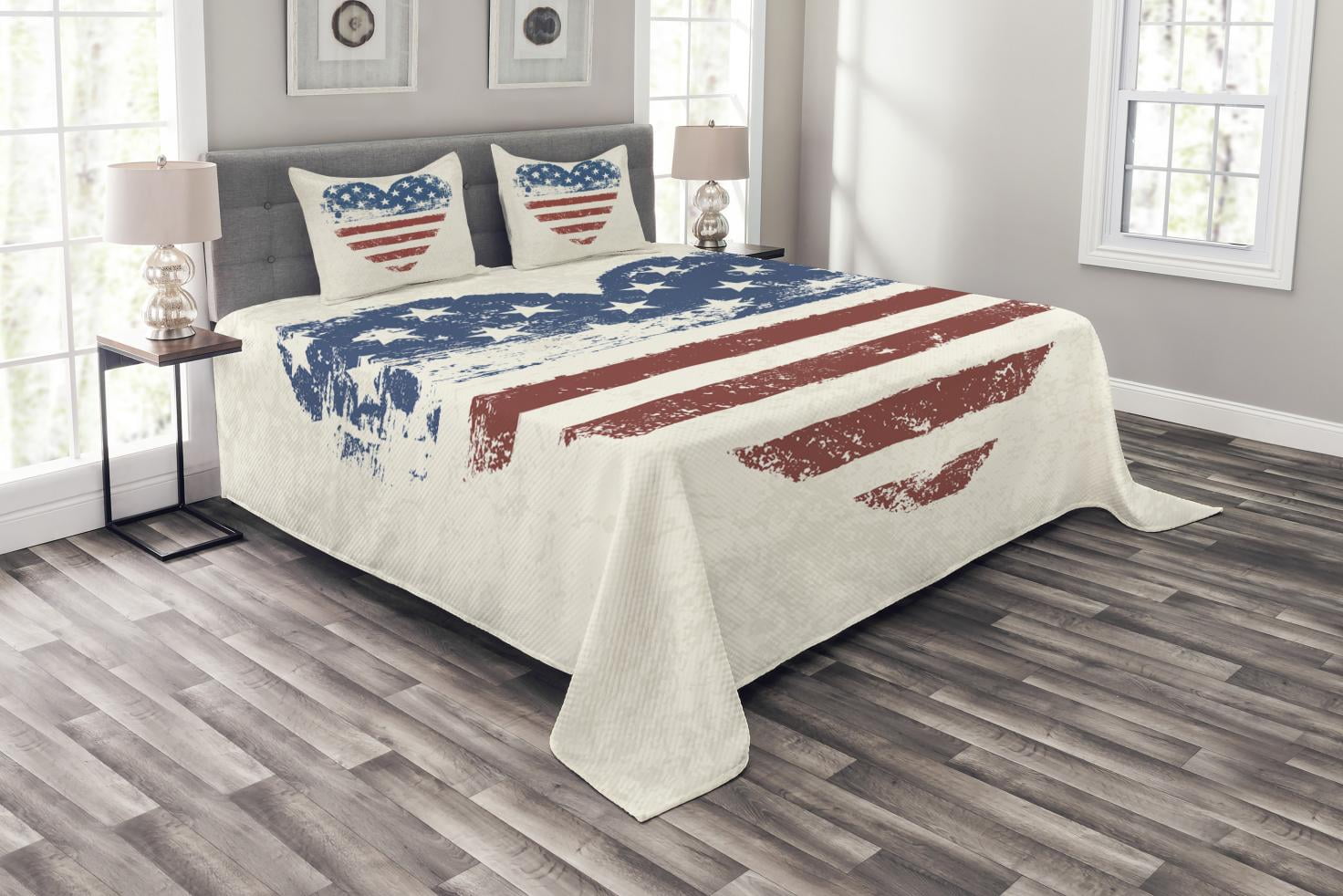 Americana Bedspread Set King Size, Patriotic America USA Flag Heart