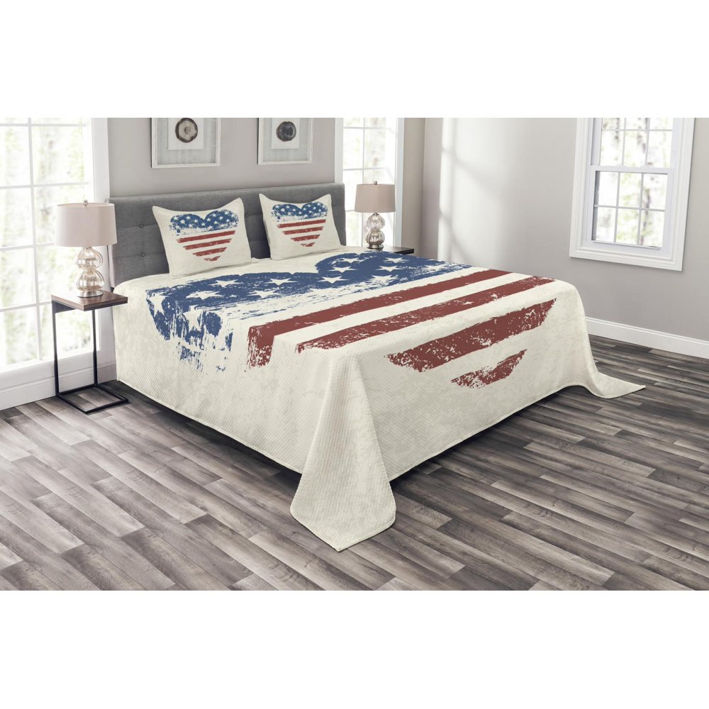 Americana Bedspread Set, Patriotic America USA Flag Heart Shaped Stars